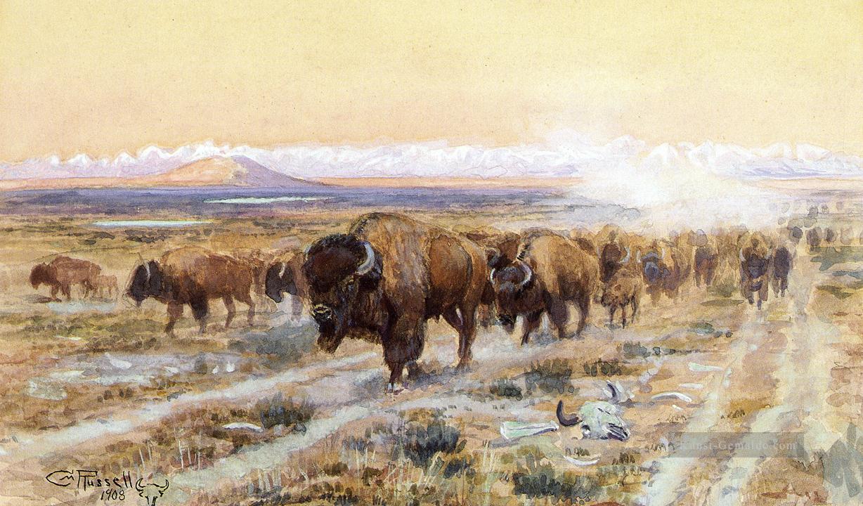 Der Bison Trail cattles Charles Marion Russell Indianer Ölgemälde